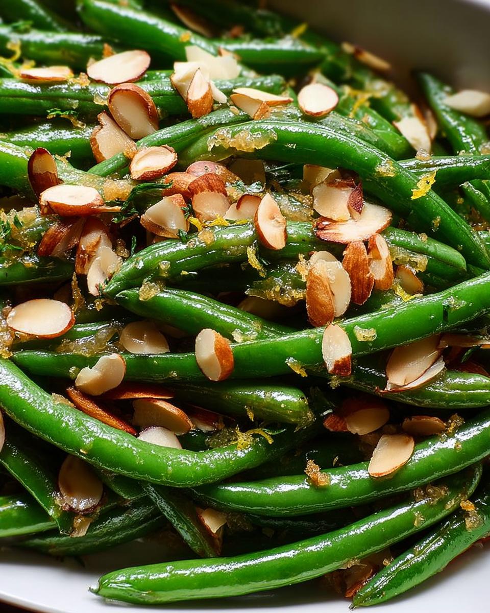 Close-up of vibrant green beans topped with toasted sliced almonds, part of the Holiday Green Bean Almondine recipe.