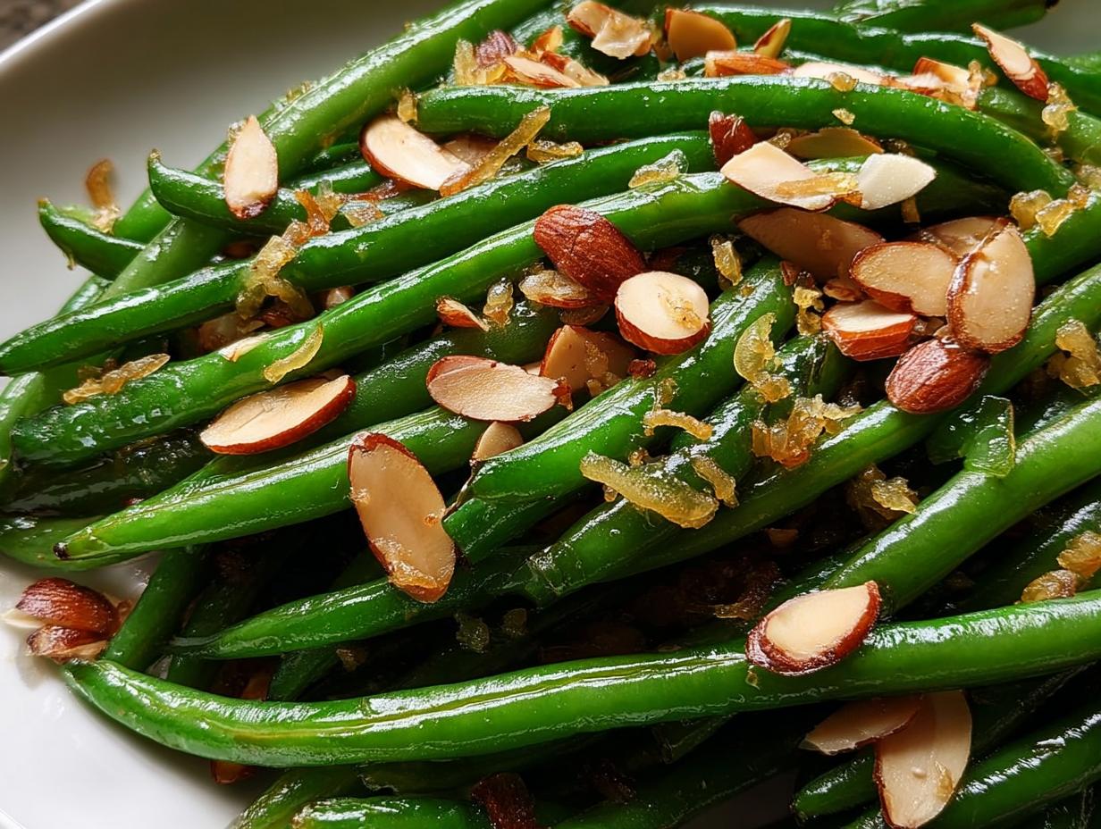 Close-up of bright green beans tossed with toasted sliced almonds for Holiday Green Bean Almondine.
