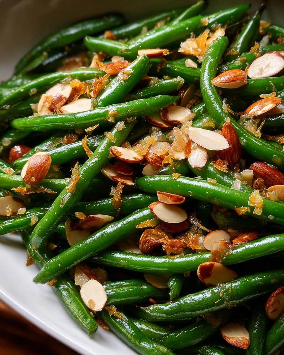 Close-up of vibrant green beans tossed with toasted sliced almonds and caramelized shallots for Holiday Green Bean Almondine.