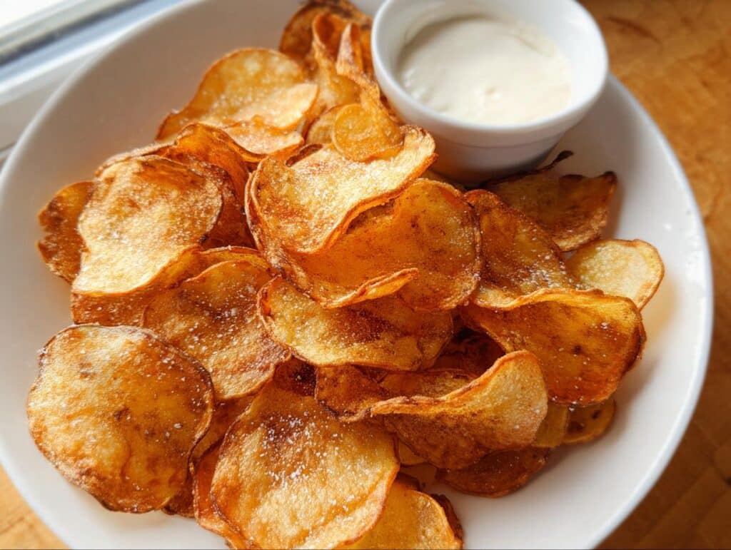 A close-up of crispy, golden Homemade Air Fryer Potato Chips sprinkled with salt, served with a side of white dipping sauce.
