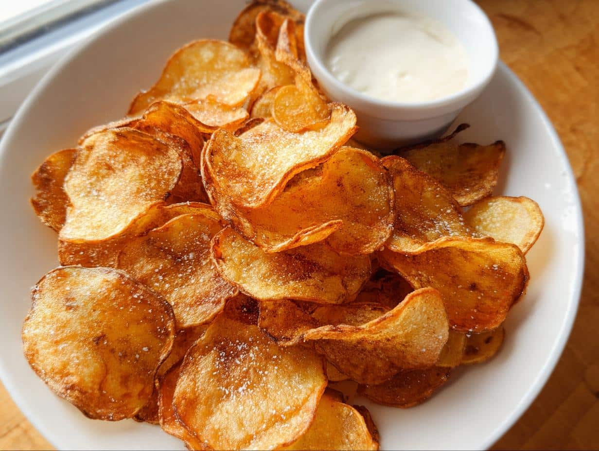 A close-up of crispy, golden Homemade Air Fryer Potato Chips sprinkled with salt, served with a side of white dipping sauce.