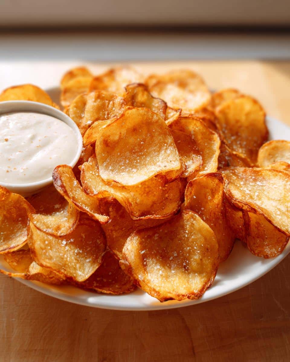 A close-up of crispy, golden Homemade Air Fryer Potato Chips sprinkled with salt, served on a white plate next to a small bowl of white dipping sauce.