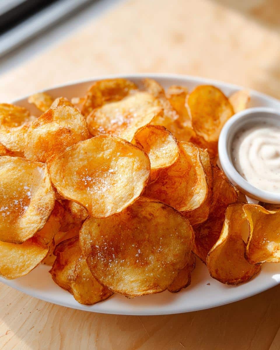 A white plate piled high with golden, crispy Homemade Air Fryer Potato Chips sprinkled with sea salt, next to a small bowl of dipping sauce.