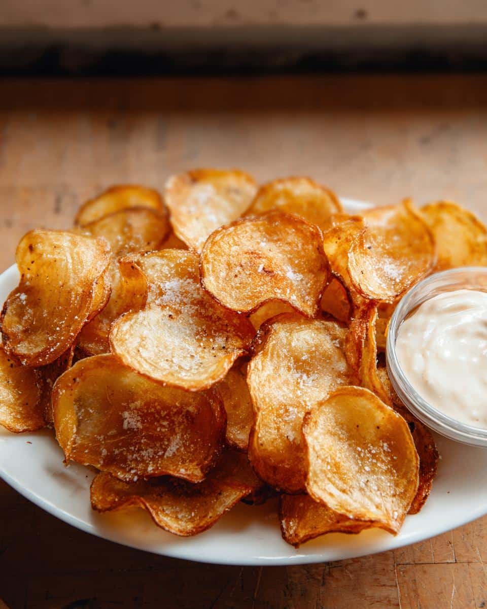 A white plate piled high with golden brown Homemade Air Fryer Potato Chips, sprinkled with salt, next to a small bowl of dipping sauce.