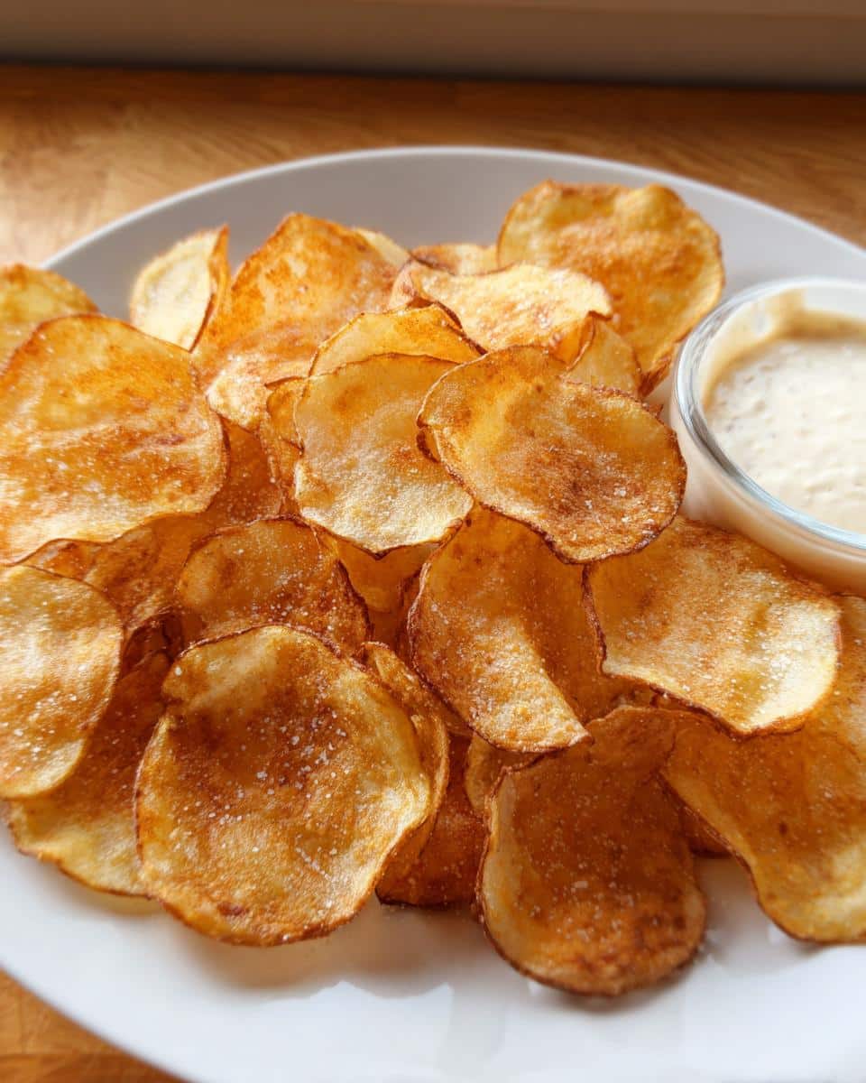A plate piled high with golden brown Homemade Air Fryer Potato Chips, sprinkled with salt, next to a small bowl of dipping sauce.