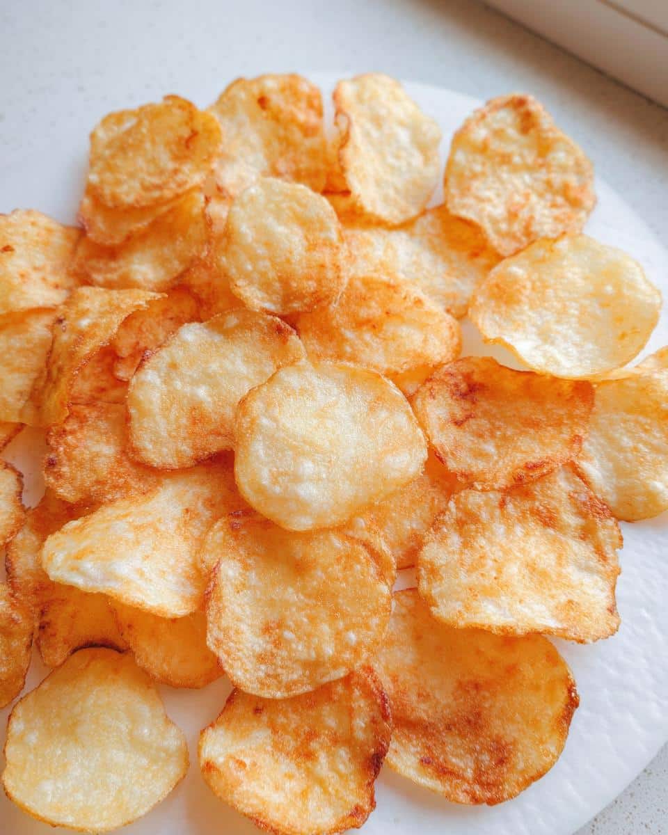 Close-up of freshly made, golden brown Cheddar Sour Cream Potato Chips From Scratch piled on a white surface.