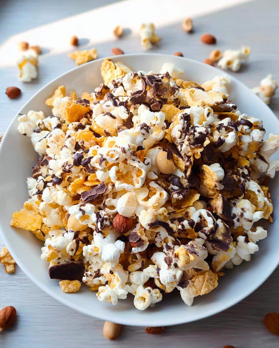 A white bowl overflowing with a homemade Popcorn Snack Mix featuring popcorn, cereal, nuts, and drizzled chocolate.