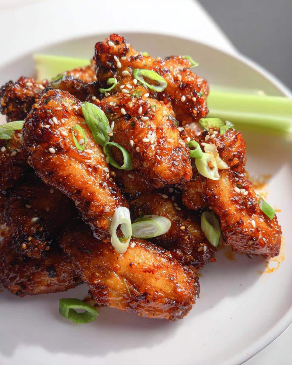 A close-up of a pile of glistening Honey Garlic Air Fryer Chicken Wings, sprinkled with sesame seeds and green onions.