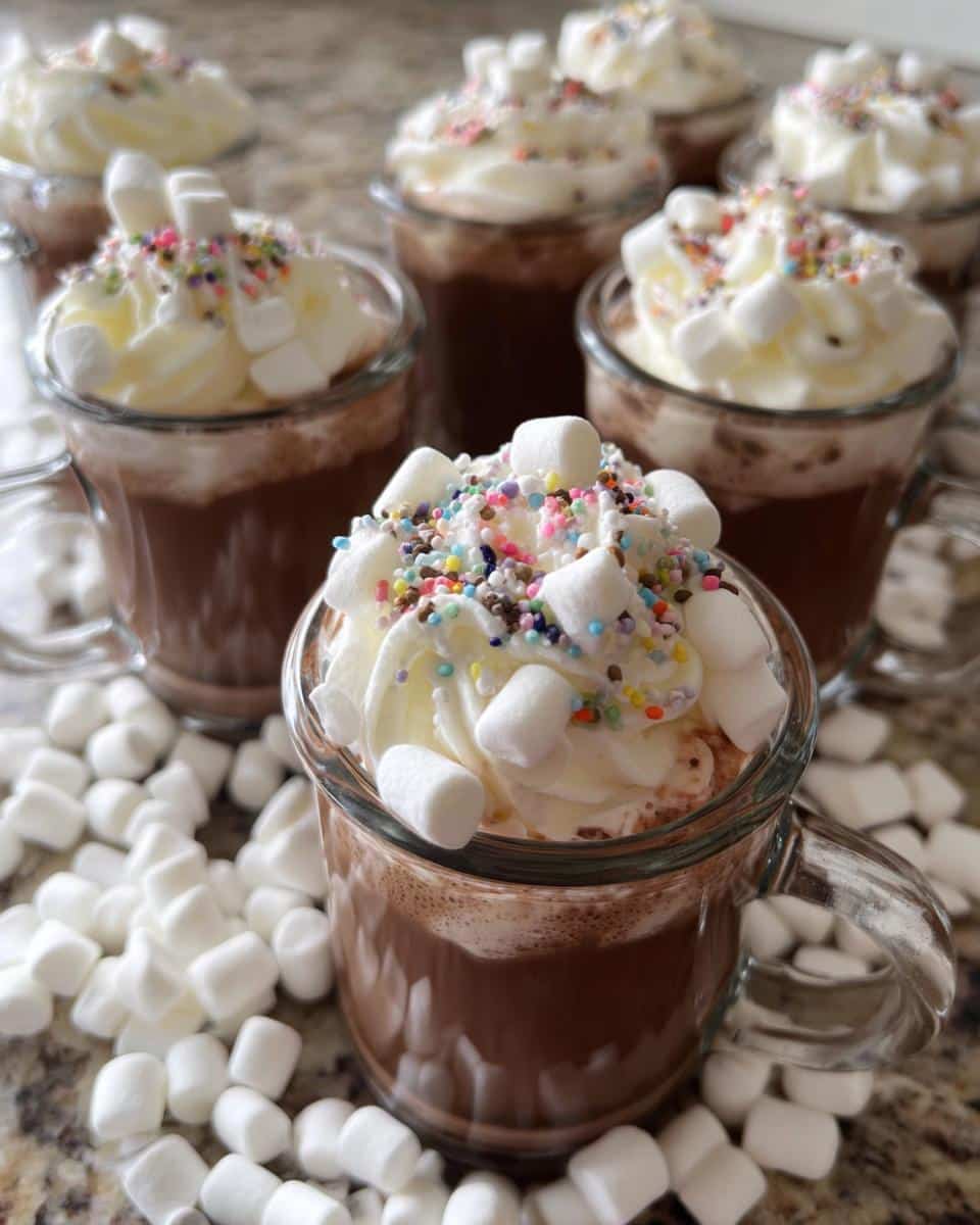 Close-up of creamy Hot Chocolate Jello Shots in small glass mugs, topped with whipped cream, marshmallows, and colorful sprinkles.