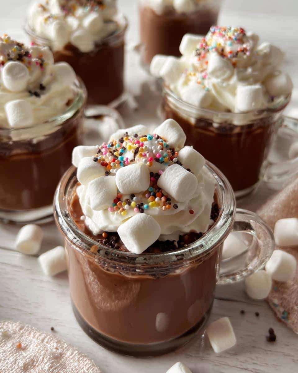 Close-up of creamy Hot Chocolate Jello Shots topped with whipped cream, mini marshmallows, and colorful sprinkles.