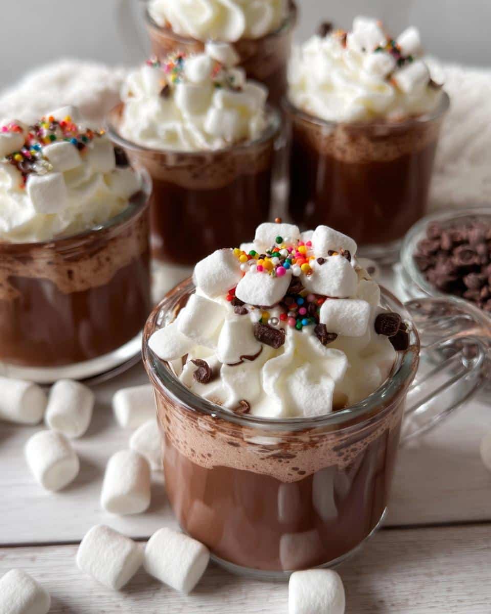 Close-up of creamy Hot Chocolate Jello Shots topped with whipped cream, marshmallows, chocolate chips, and sprinkles.