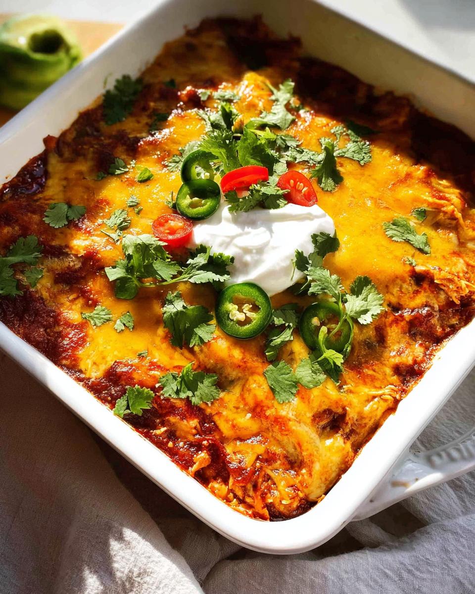 A freshly baked Keto Chicken Enchilada Casserole topped with melted cheese, sour cream, cilantro, jalapeños, and tomatoes.