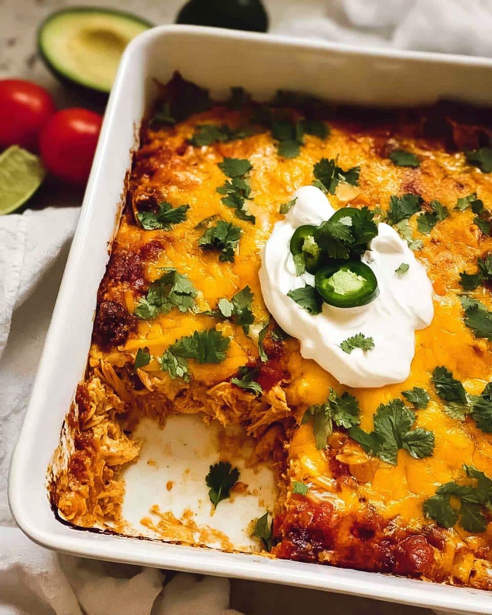 A slice missing from a baked Keto Chicken Enchilada Casserole topped with melted cheese, sour cream, cilantro, and jalapeños.