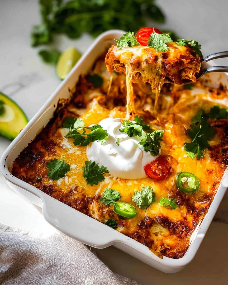 A scoop of cheesy Keto Chicken Enchilada Casserole being lifted from a baking dish, topped with sour cream, cilantro, and jalapeños.