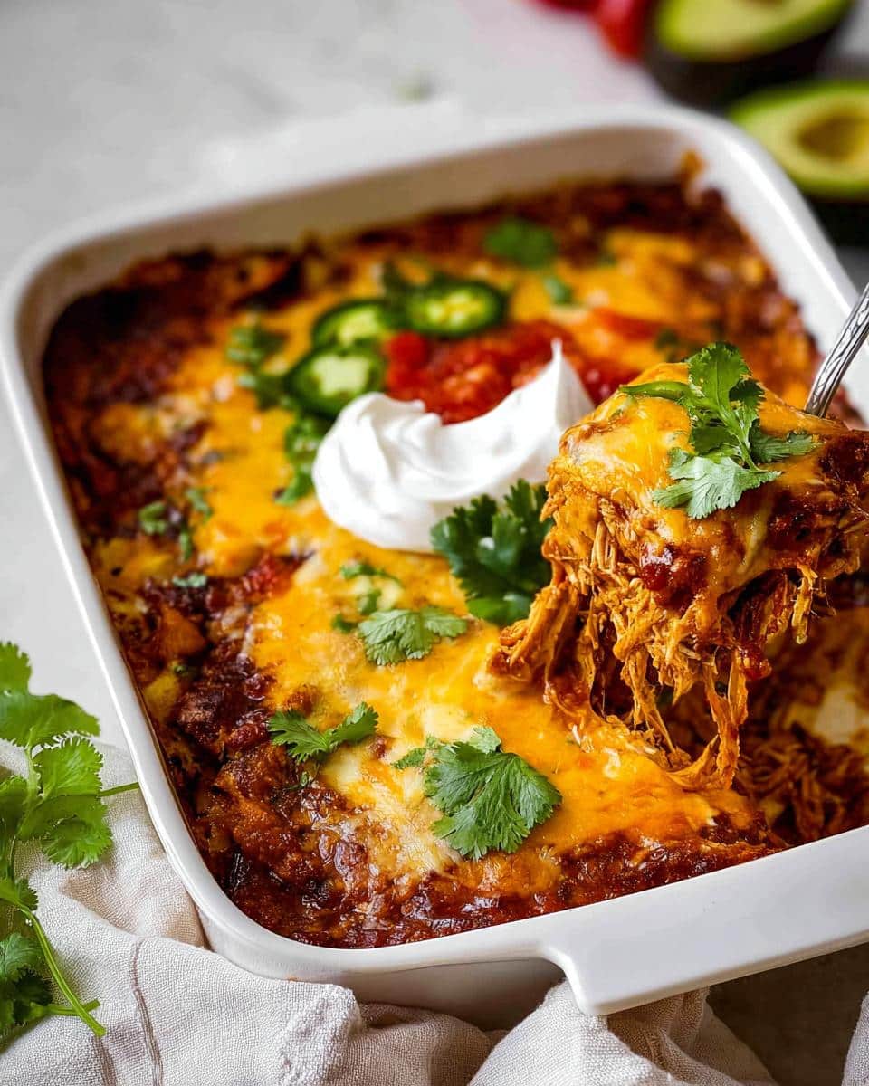 A spoonful of cheesy Keto Chicken Enchilada Casserole being lifted from a white baking dish, topped with sour cream and cilantro.