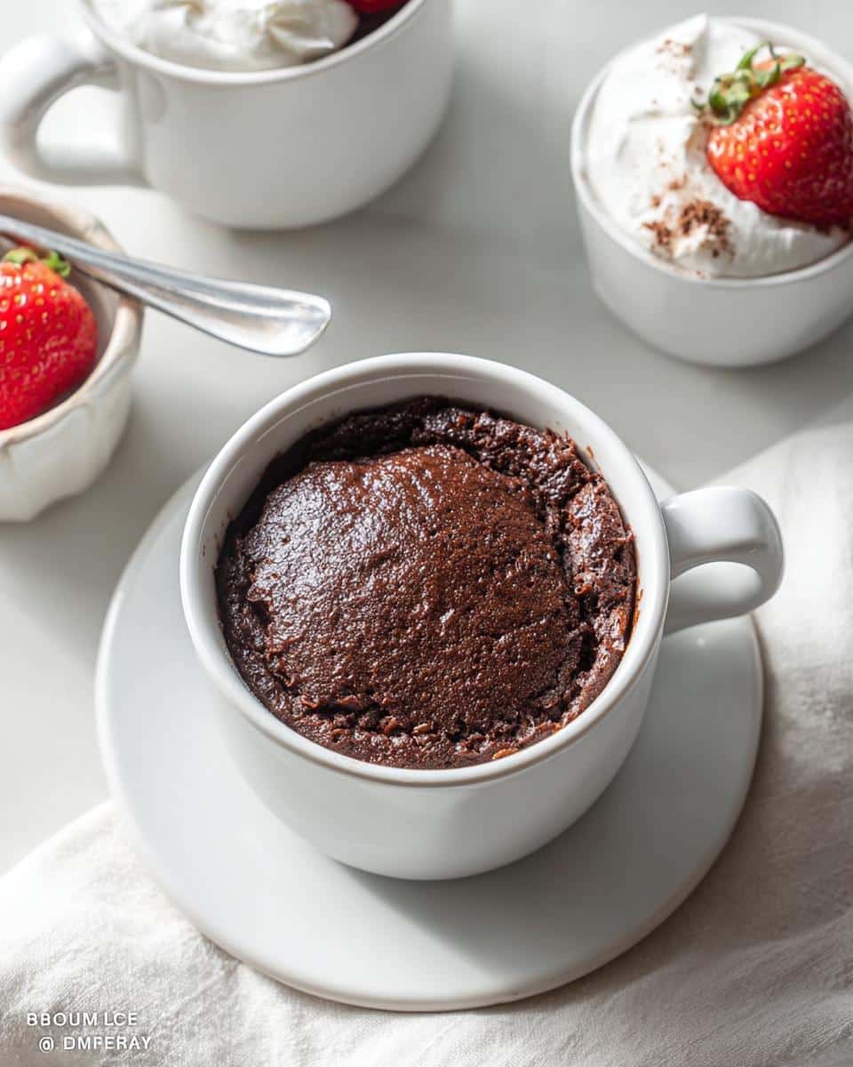 A close-up of a rich Keto Chocolate Mug Cake baked in a white mug, with whipped cream and strawberries in the background.
