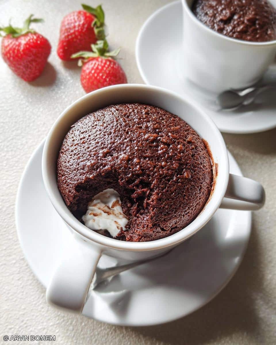 A close-up of a rich Keto Chocolate Mug Cake in a white mug, with a dollop of cream inside and strawberries in the background.