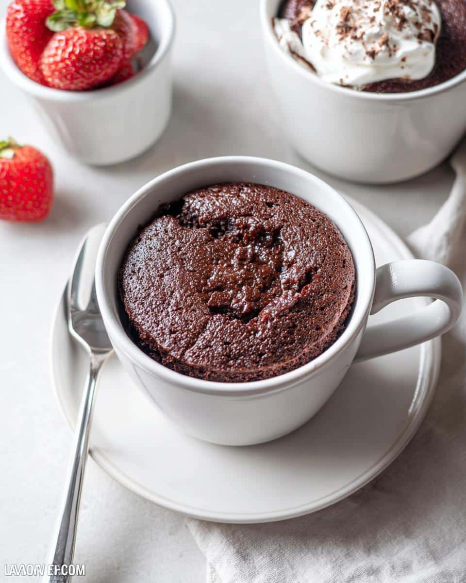 A rich Keto Chocolate Mug Cake served in a white mug, with a fork and fresh strawberries on the side.