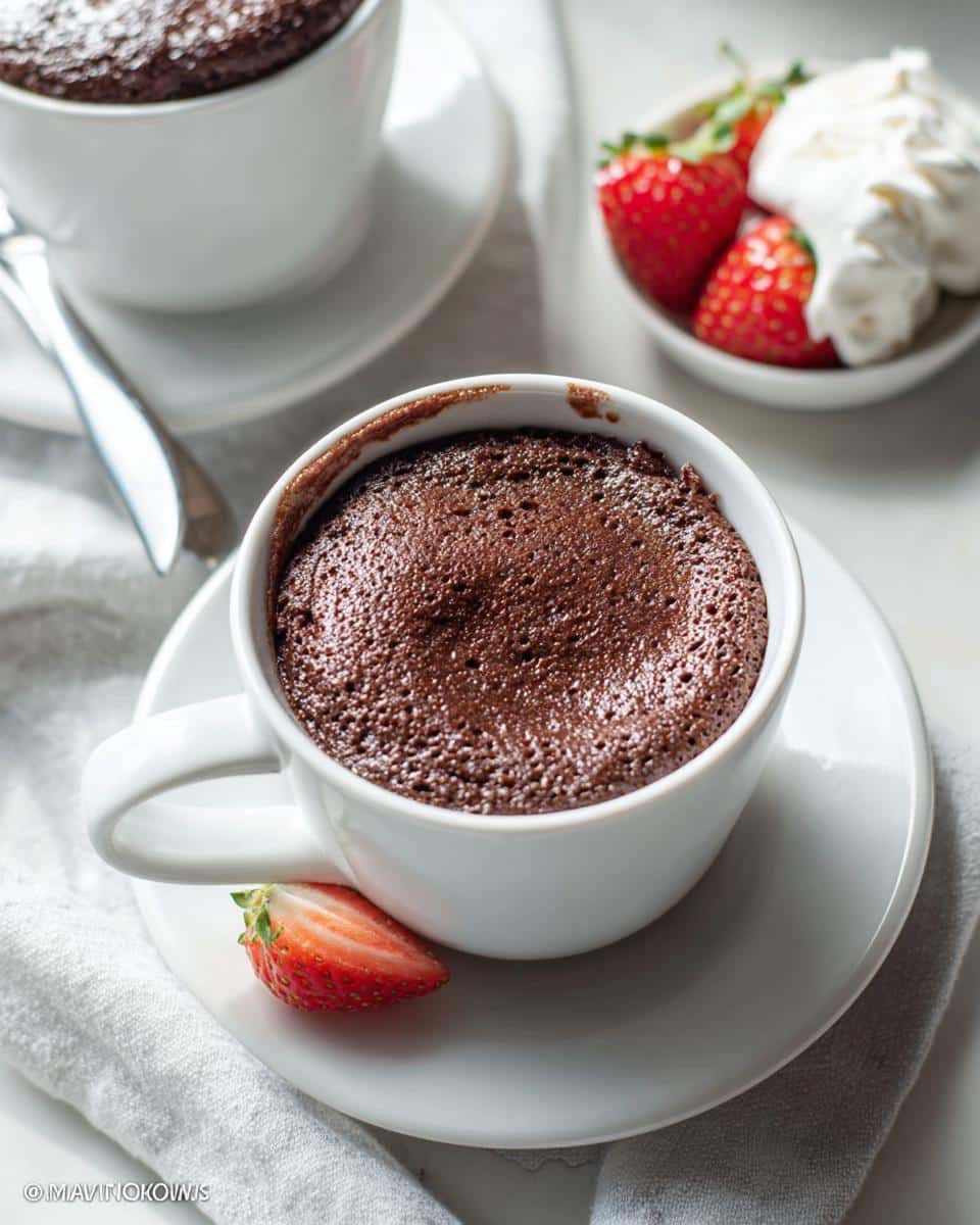 A decadent Keto Chocolate Mug Cake served in a white mug, garnished with fresh strawberry slices and a dollop of whipped cream.