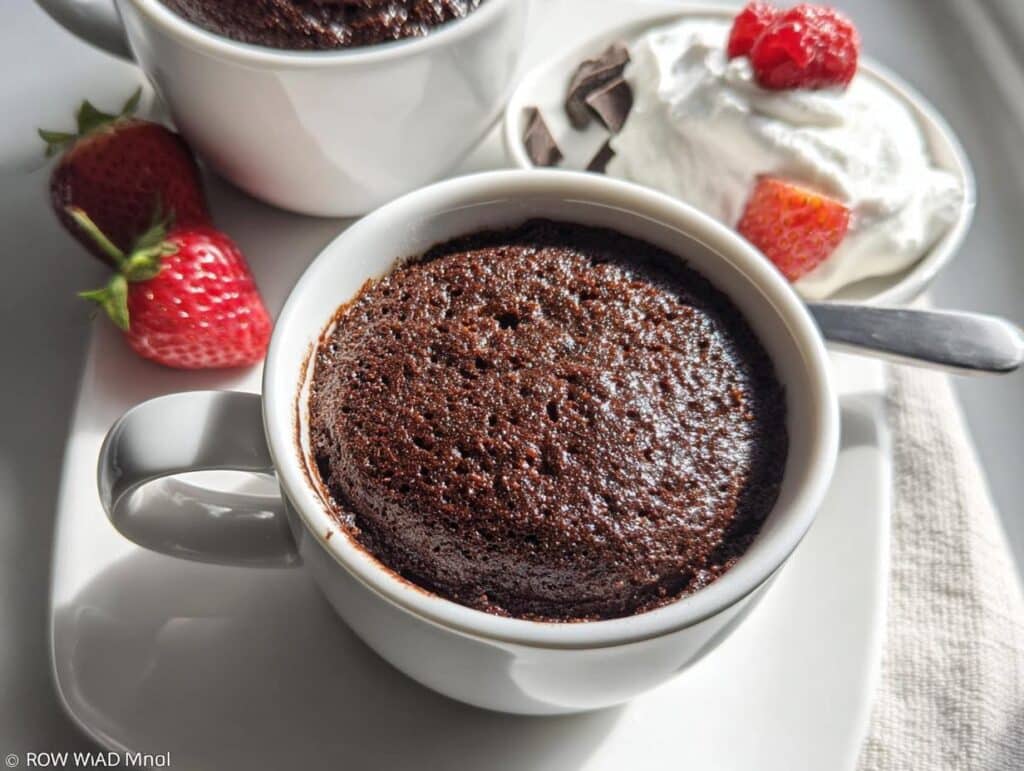 A close-up of a rich Keto Chocolate Mug Cake in a white mug, served with whipped cream and fresh berries.