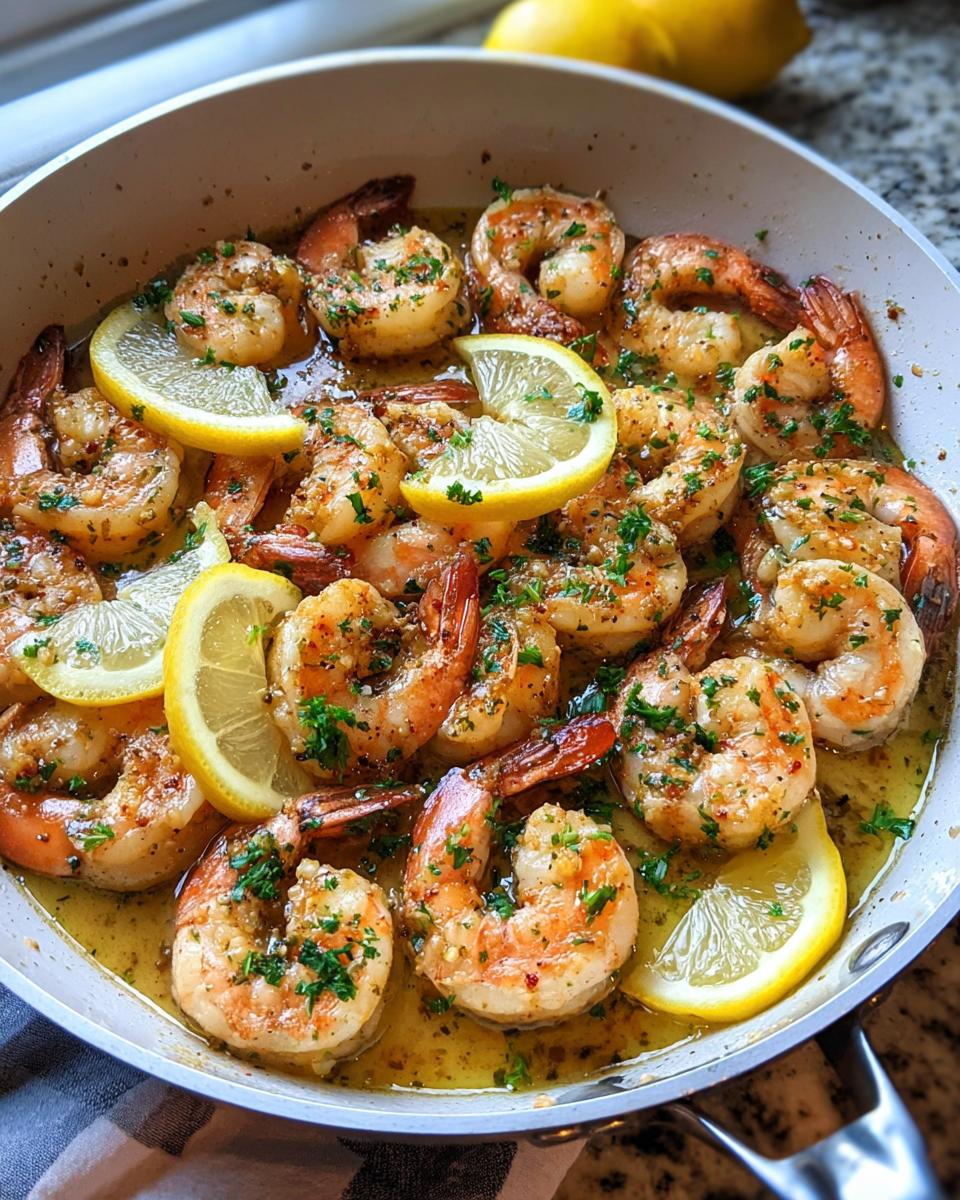 A close-up view of a skillet filled with juicy Keto Lemon Garlic Shrimp, garnished with lemon slices and fresh parsley.