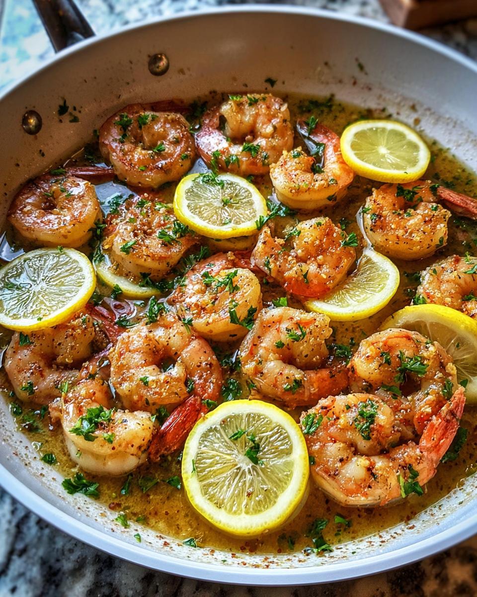 A close-up of a skillet filled with juicy Keto Lemon Garlic Shrimp, garnished with lemon slices and parsley.