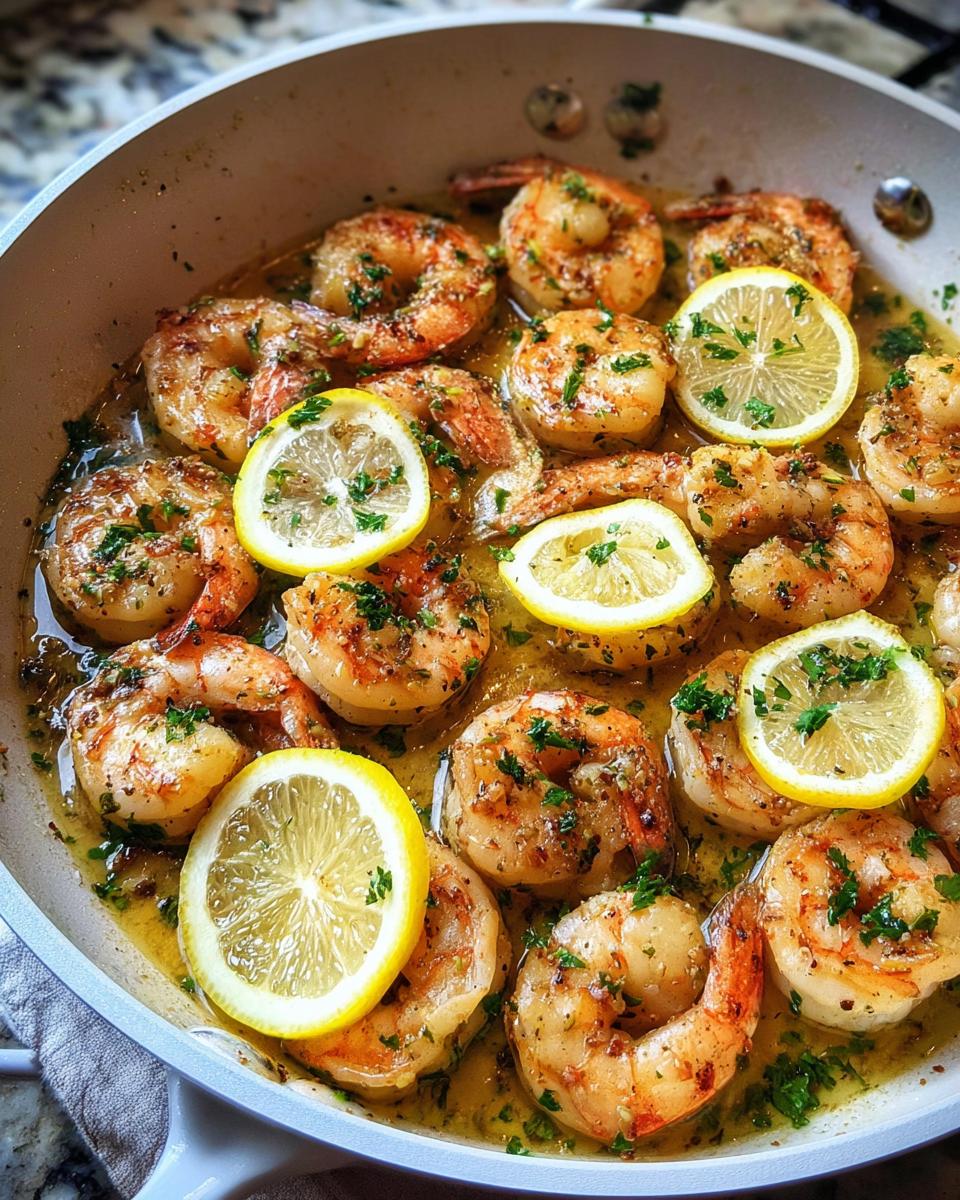 Close-up of juicy Keto Lemon Garlic Shrimp Skillet, glistening in butter sauce with lemon slices and parsley.