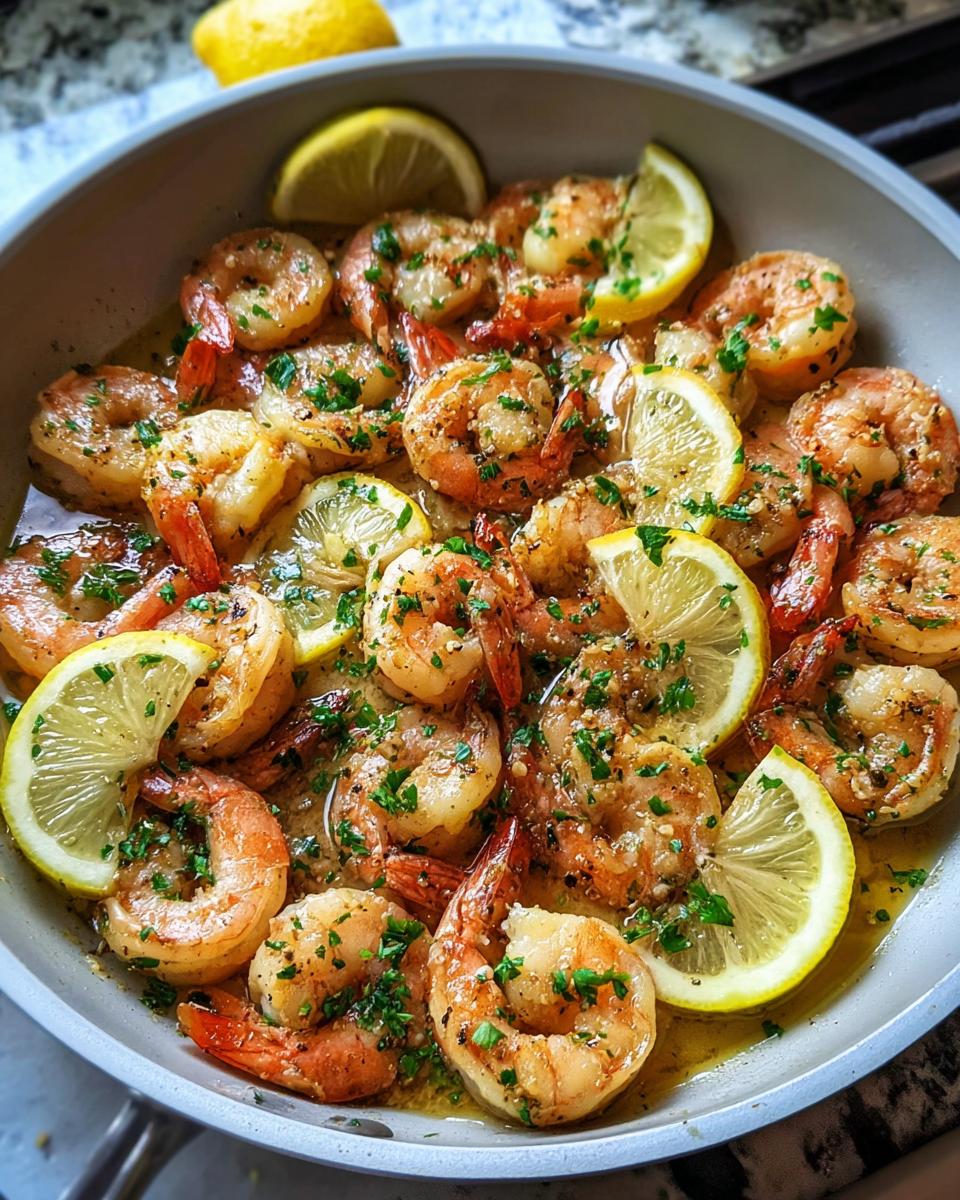 A close-up view of a Keto Lemon Garlic Shrimp Skillet, showcasing plump shrimp cooked in a buttery sauce with lemon slices and fresh parsley.