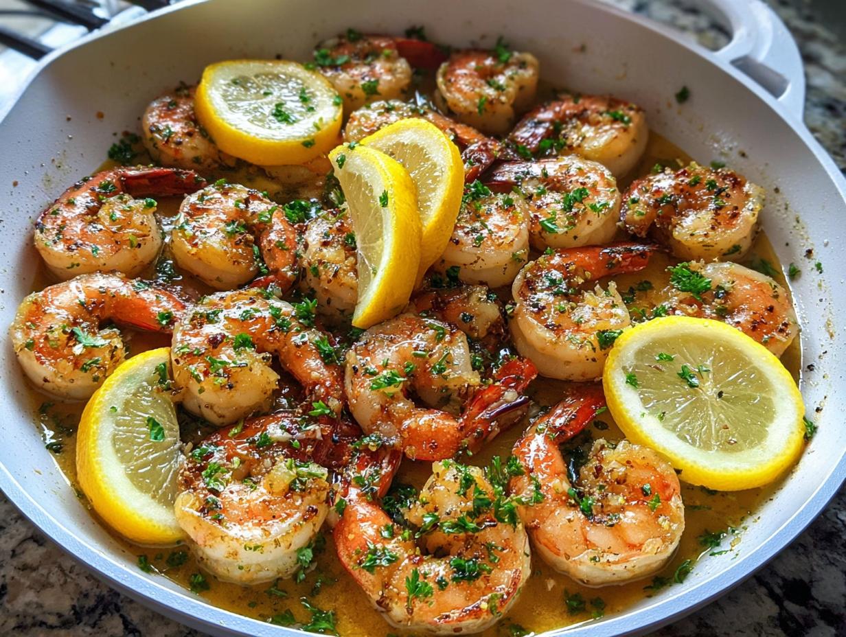 Close-up of juicy Keto Lemon Garlic Shrimp Skillet in a pan, garnished with lemon slices and parsley.