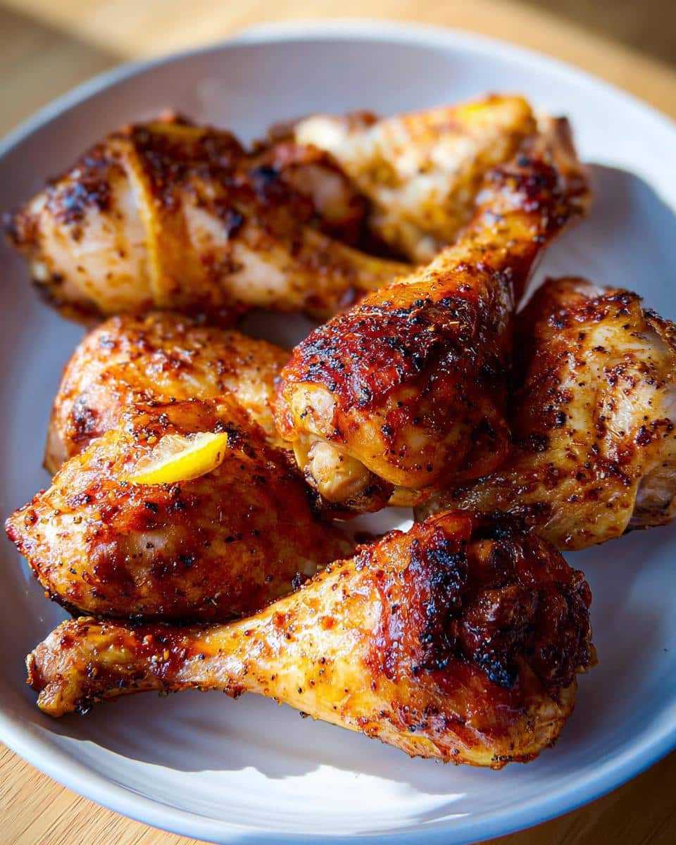 Close-up of golden brown Lemon Pepper Air Fryer Drumsticks on a white plate, garnished with a lemon slice.