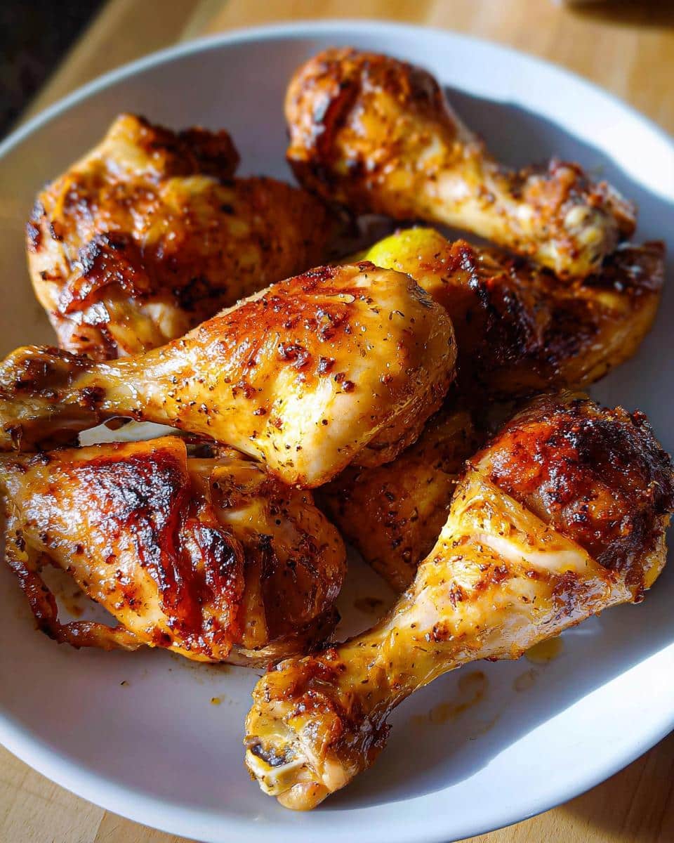 A close-up of a white plate filled with golden-brown, seasoned Lemon Pepper Air Fryer Drumsticks.