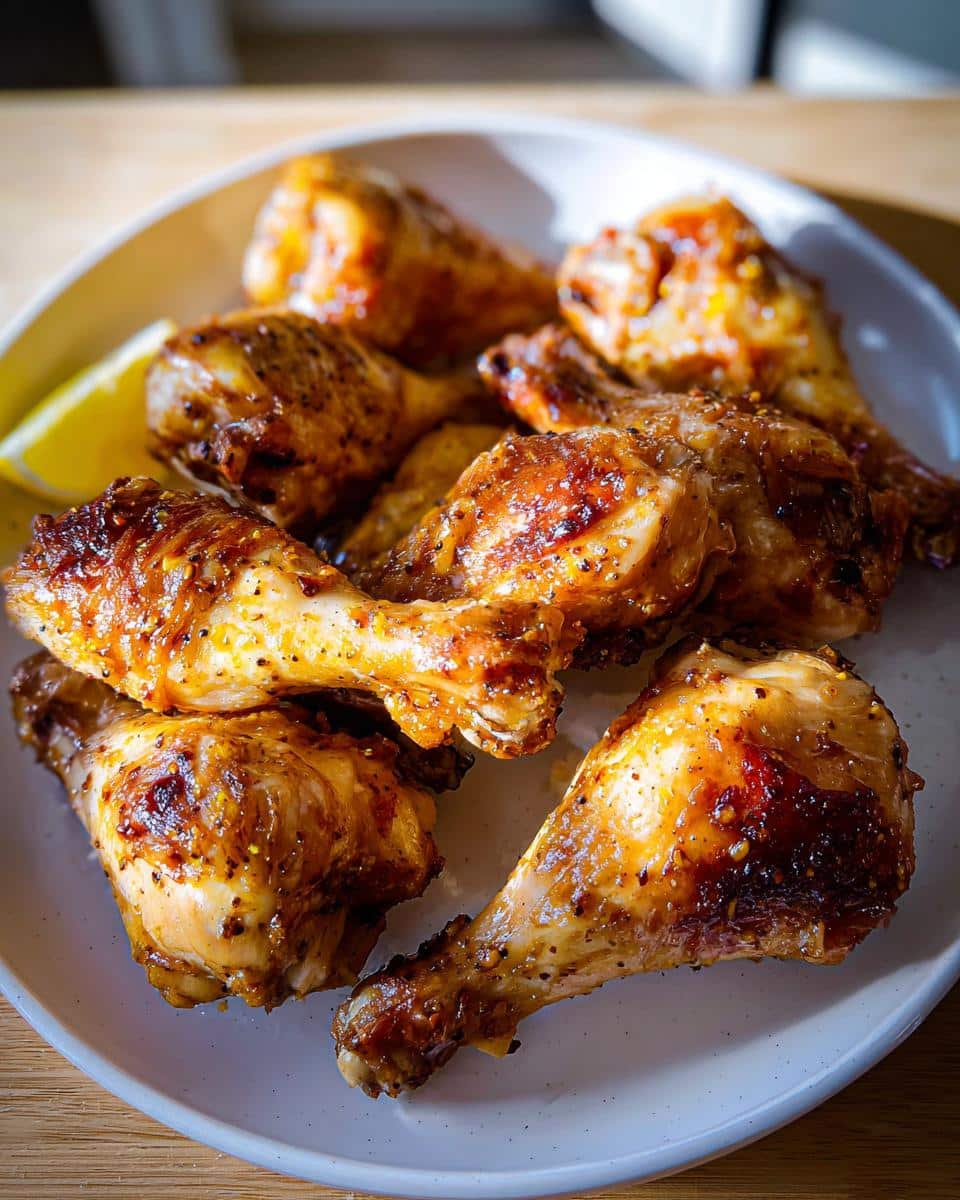 A plate of perfectly cooked Lemon Pepper Air Fryer Drumsticks, glistening and seasoned with spices and lemon.