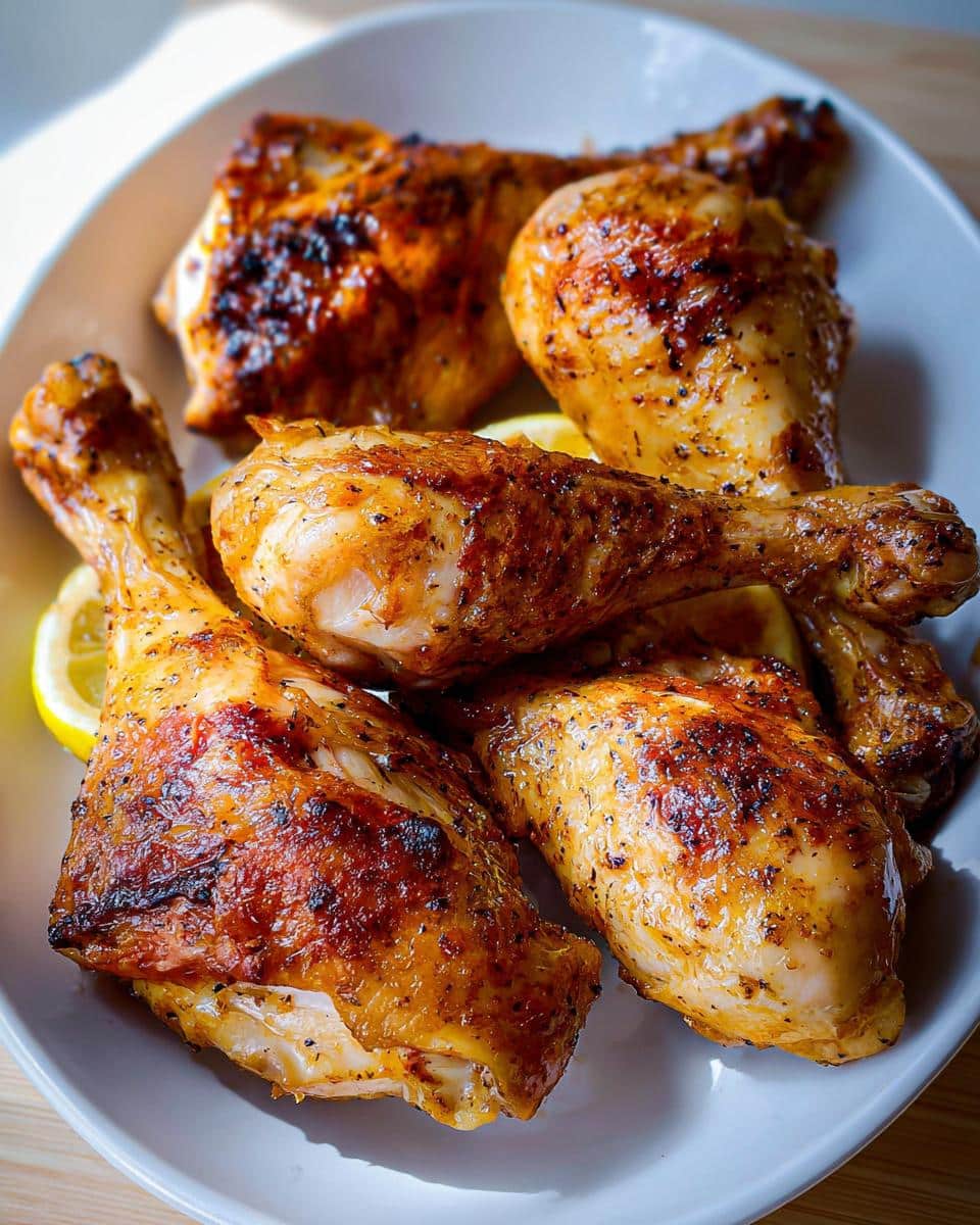 A plate of perfectly cooked Lemon Pepper Air Fryer Drumsticks, garnished with lemon slices.