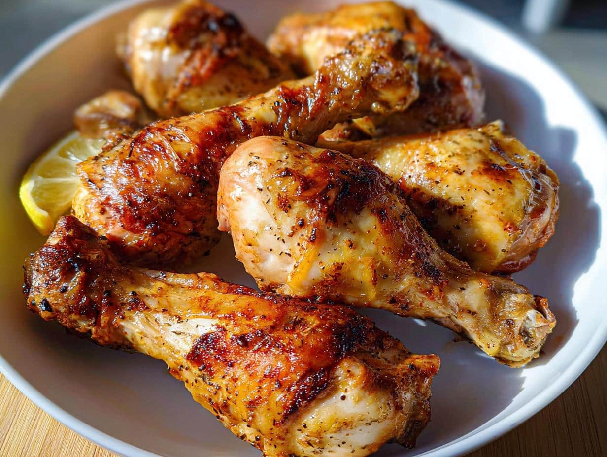 A close-up of golden-brown Lemon Pepper Air Fryer Drumsticks served on a white plate with a lemon wedge.