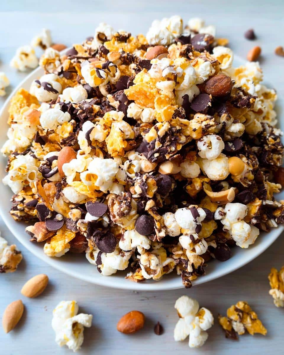 A heaping bowl of homemade Popcorn Snack Mix featuring popcorn, chocolate chips, almonds, and caramel pieces.