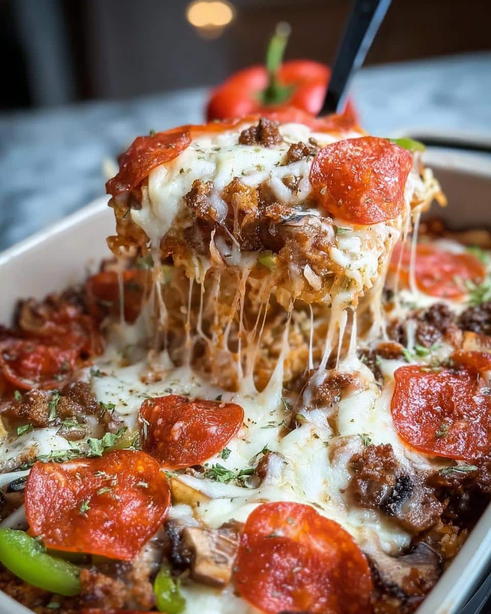 A slice of Low-Carb Pizza Casserole being lifted, with gooey melted cheese stretching.