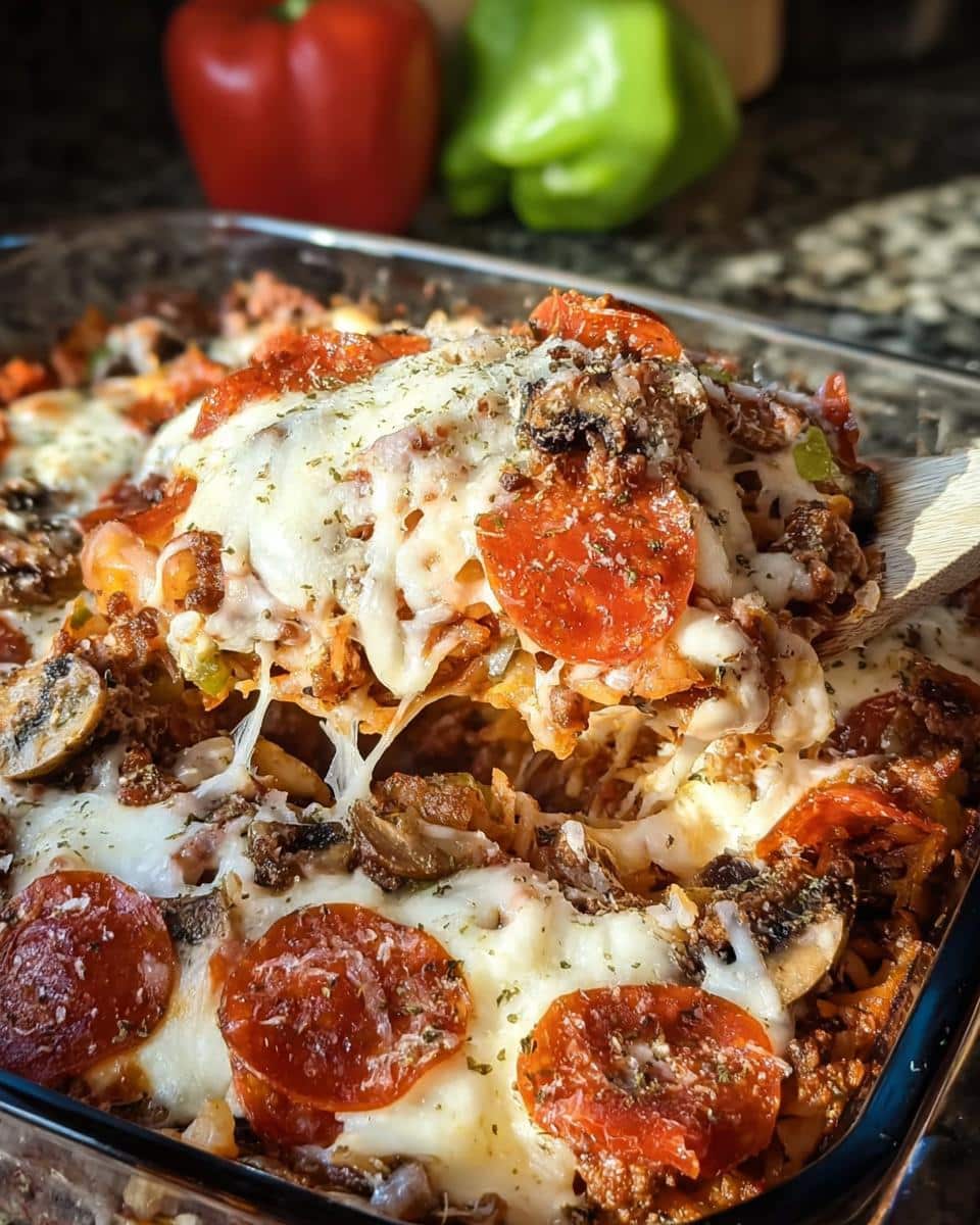 A scoop of cheesy Low-Carb Pizza Casserole with pepperoni, mushrooms, and herbs in a glass dish.