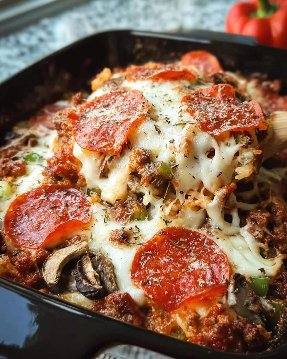 A close-up of a bubbling Low-Carb Pizza Casserole topped with melted cheese, pepperoni, and mushrooms.