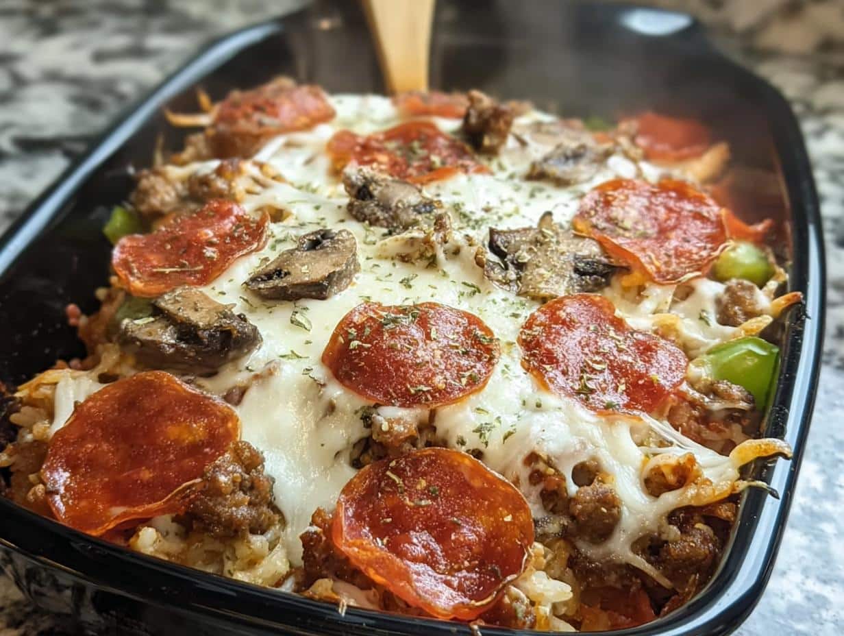 A close-up of a bubbling Low-Carb Pizza Casserole topped with melted cheese, pepperoni, mushrooms, and herbs.