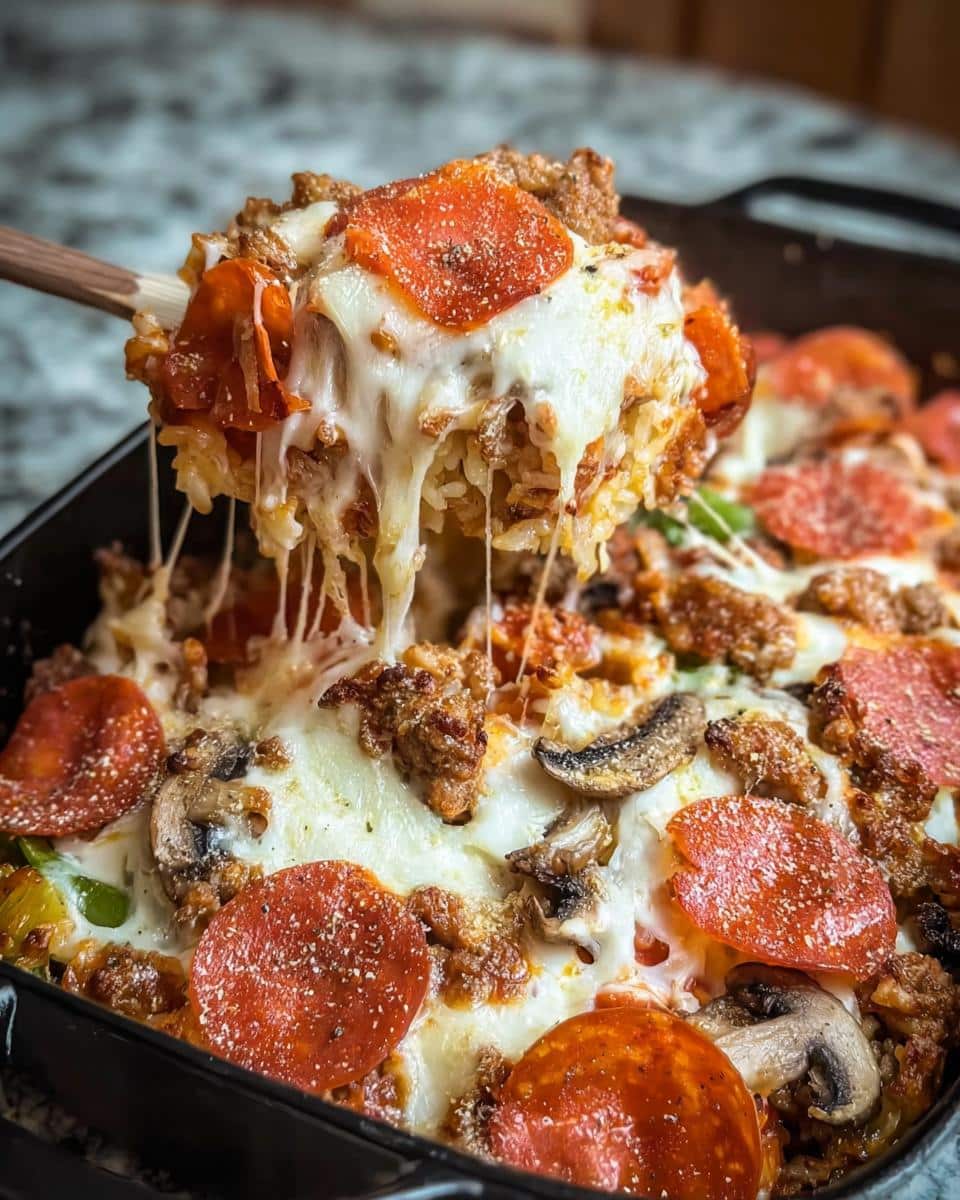 A scoop of cheesy Low-Carb Pizza Casserole with pepperoni, sausage, and mushrooms being lifted from the dish.
