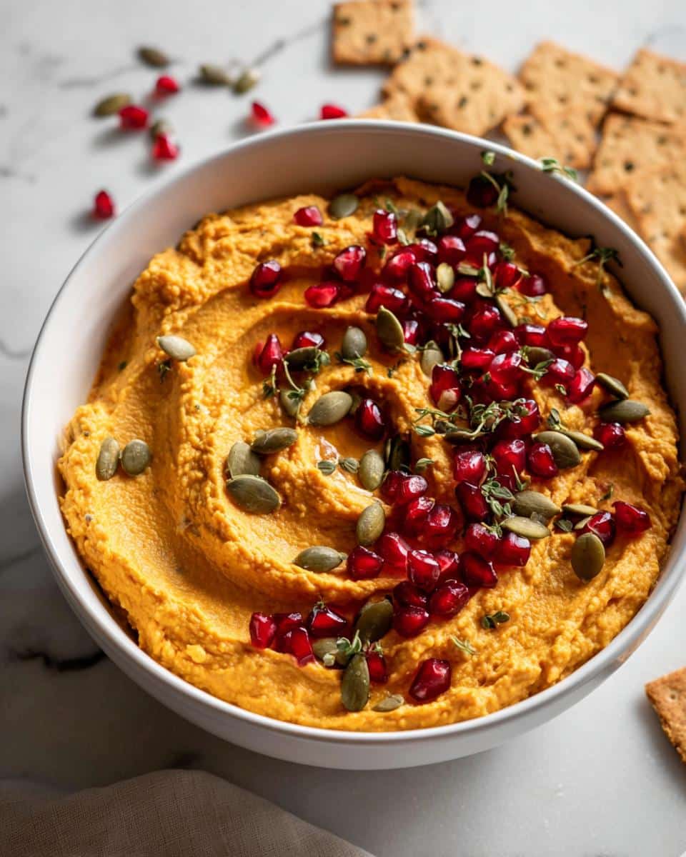 Close-up of vibrant orange Make-Ahead Pumpkin Hummus topped with pomegranate seeds and pumpkin seeds.
