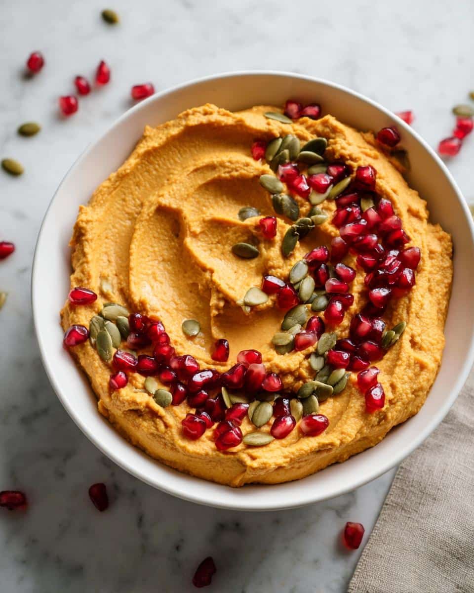 A white bowl filled with vibrant orange Make-Ahead Pumpkin Hummus, topped with pomegranate seeds and pepitas.