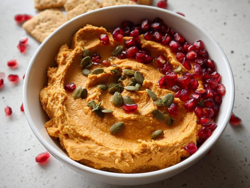 A white bowl filled with vibrant orange Make-Ahead Pumpkin Hummus, topped with pumpkin seeds and bright red pomegranate arils.