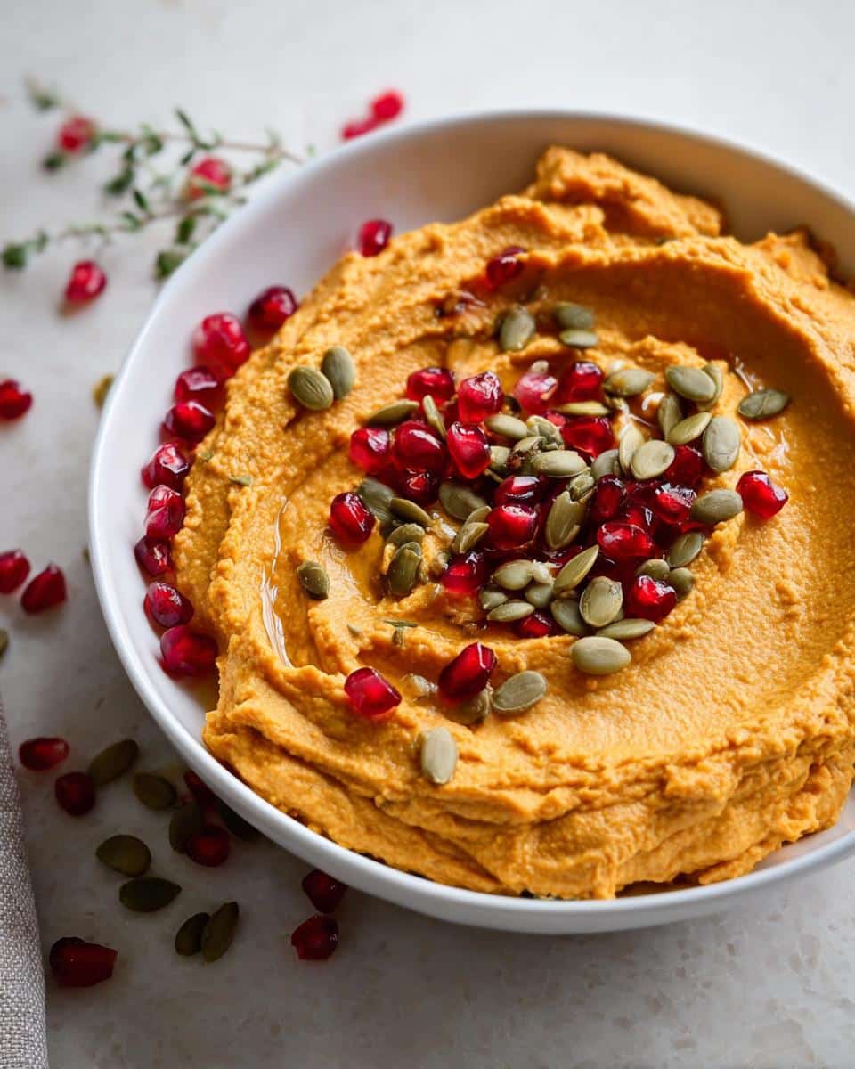 A close-up of vibrant orange Make-Ahead Pumpkin Hummus topped with bright red pomegranate seeds and green pumpkin seeds.