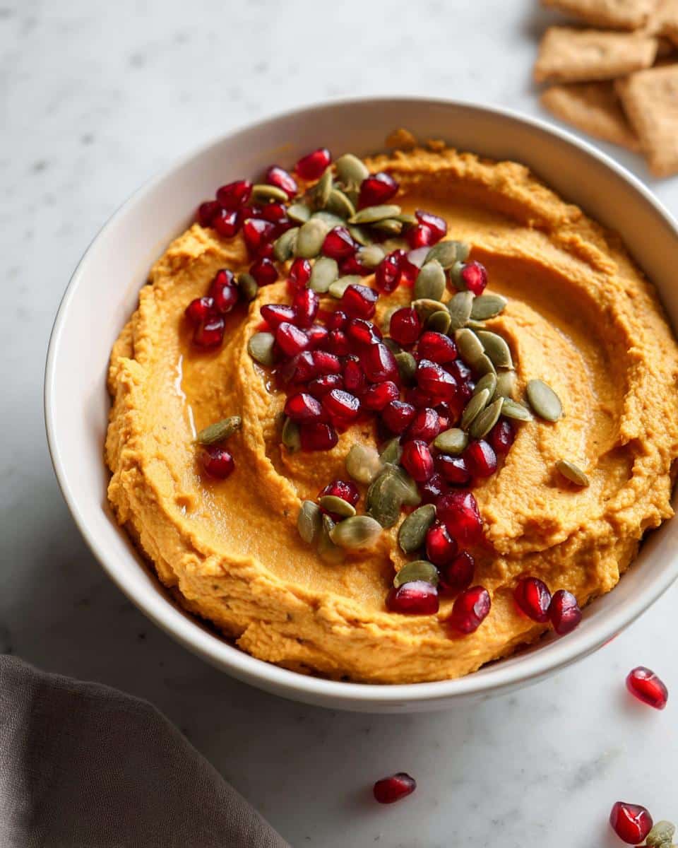 A close-up of creamy Make-Ahead Pumpkin Hummus topped with vibrant red pomegranate seeds and green pepitas.