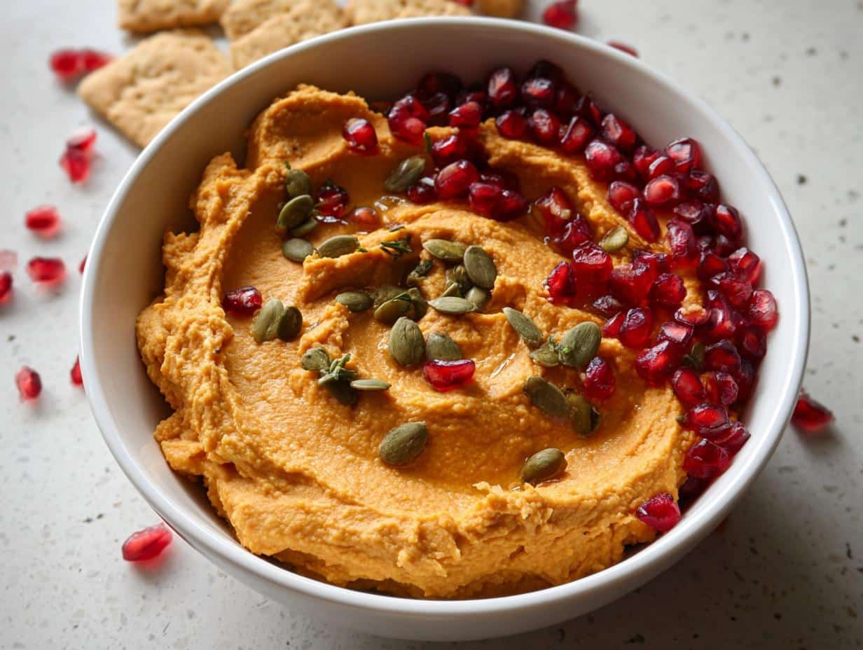 A white bowl filled with vibrant orange Make-Ahead Pumpkin Hummus, topped with pumpkin seeds and bright red pomegranate arils.