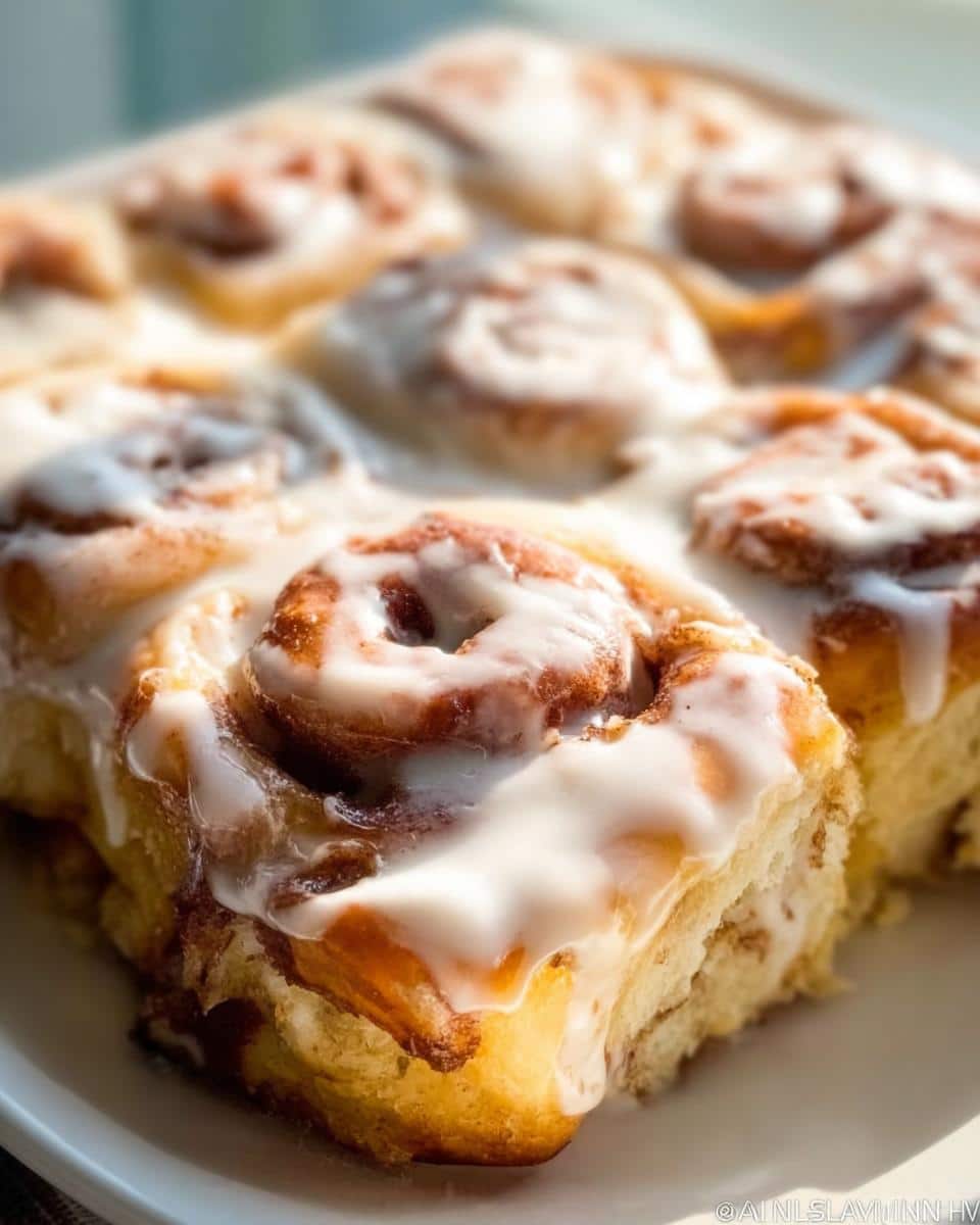 Close-up of freshly baked Maple Cinnamon Breakfast Rollups generously topped with white glaze icing.