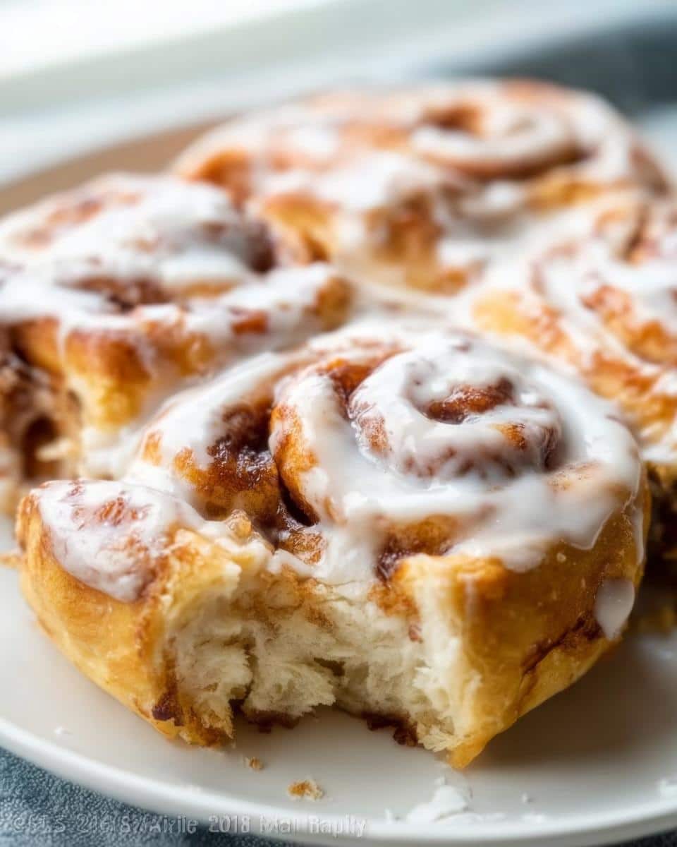 A close-up of fluffy Maple Cinnamon Breakfast Rollups covered in white icing, with one roll partially eaten showing the soft interior.