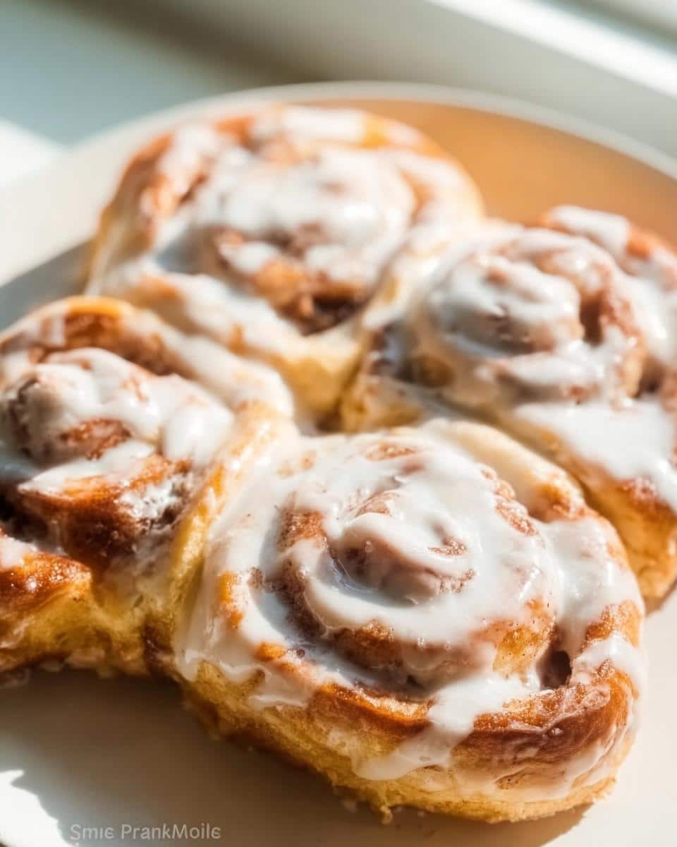 Close-up of several fluffy Maple Cinnamon Breakfast Rollups covered in thick white icing.