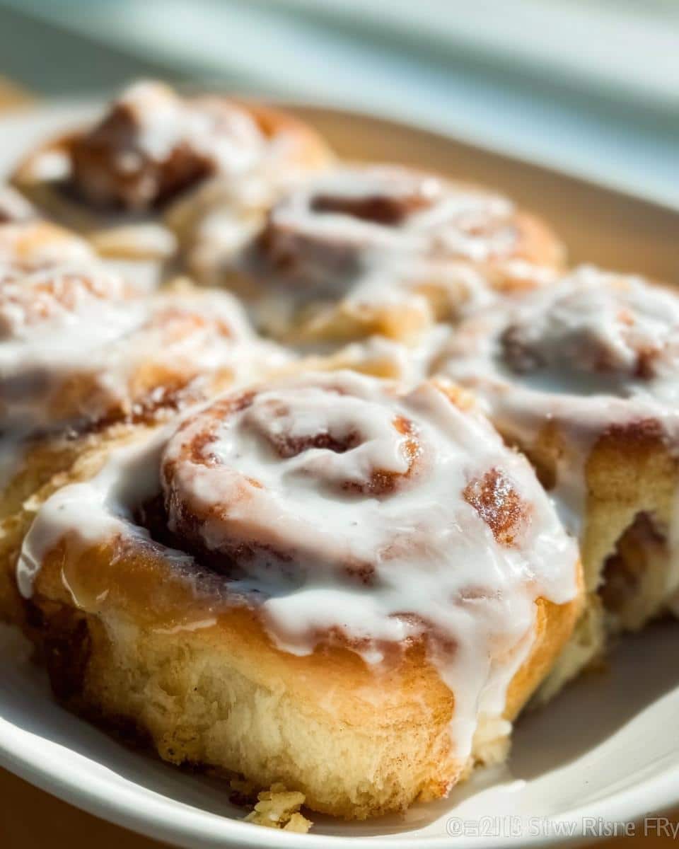 Close-up of several soft Maple Cinnamon Breakfast Rollups topped with thick white icing, glistening in the sunlight.